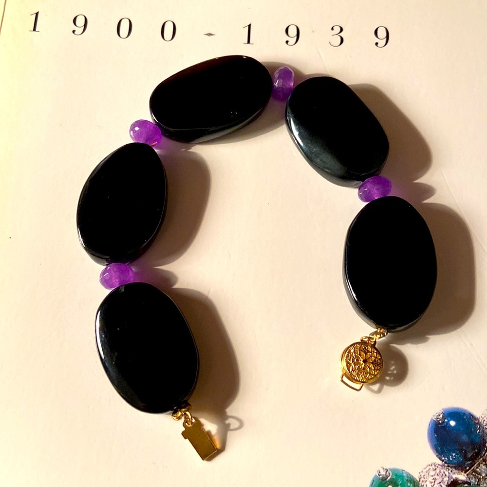 Chunky Natural Real Onyx Amethyst Bracelet Handmade